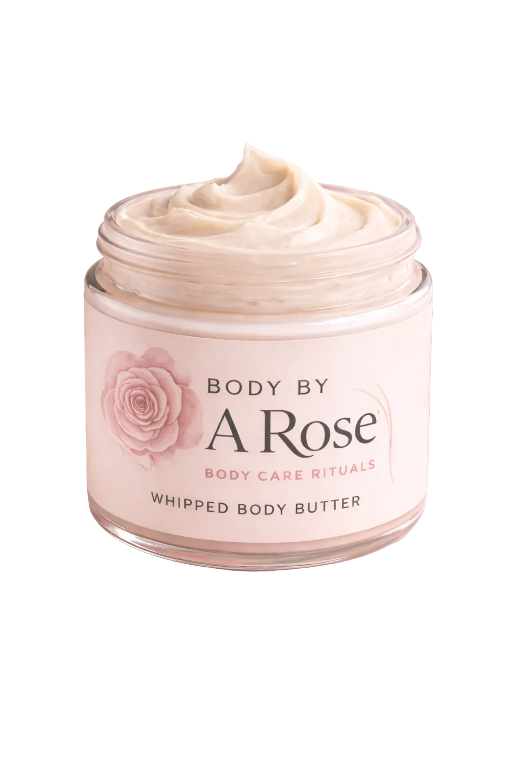 Jar of 'Body by A Rose' whipped body butter with pink roses and flowers in the background